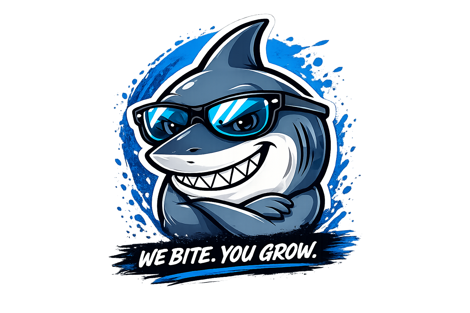 CHOMP Marketing Maskottchen — grinsender Hai mit Sonnenbrille und der Tagline We bite. You grow.